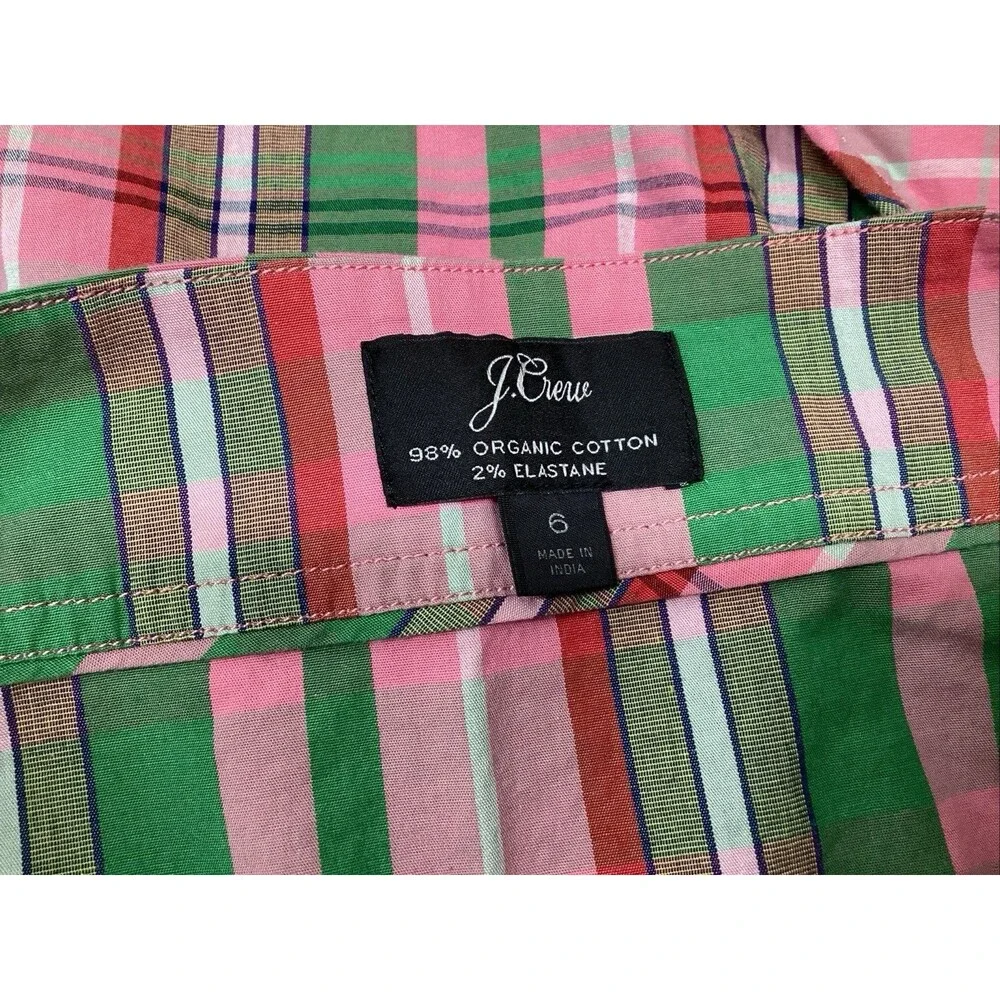 j crew tie waist poplin shirt dress sz 6 stretch cotton pink/green plaid